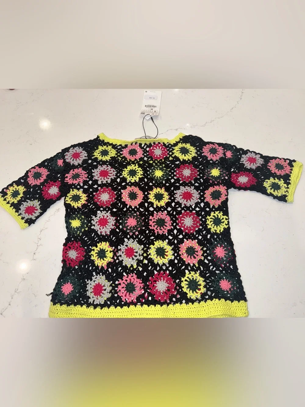 Zara Crochet Floral Panel Top — Black with Pink, Yellow & Gray